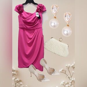 Betsy & Adam off Shoulder Hot Pink Dress